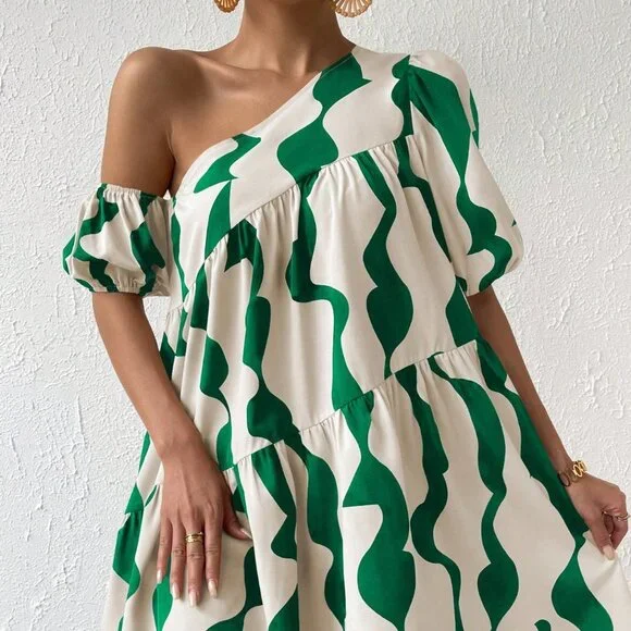 Boho Smock Dress, Asymmetrical Neck Puff Sleeve Ruffle Hem Mini dress - Picture 6 of 6